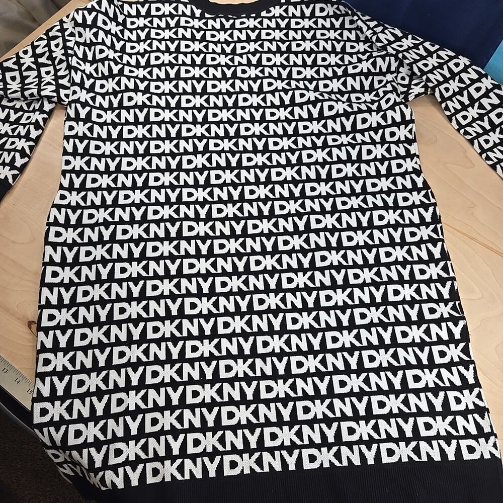 DKNY BLACK/IVORY V-NECK LOGO SWEATER MINI DRESS SIZE 2XL Pockets - Picture 9 of 11